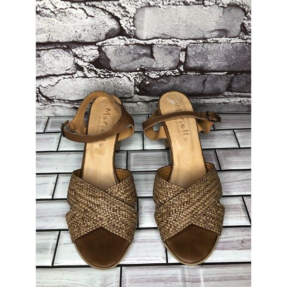 Mariella Brown Leather Woven Cross AnkleStrap Heel Sandals Women Sz 7.5M US/38EU - Picture 2 of 16